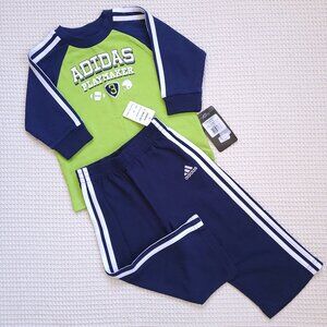 New Adidas long sleeve pant set in navy blue and green